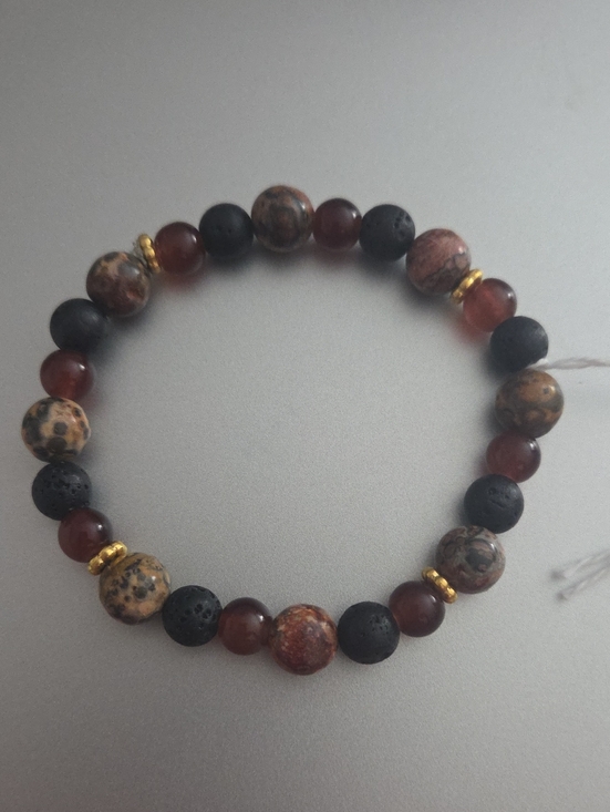 Jewelry - Beaded Natural Amber Stone & Lava Bracelet in Brown and Black